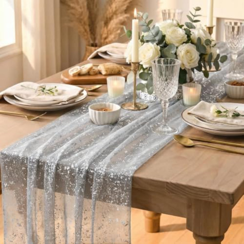 3PC Grey Gold Gauze Table Runner 120 Inch 10FT, Glitter Metallic Foil Sheer Dining Wedding Anniversary Holiday Birthday Table Decor for Home Party