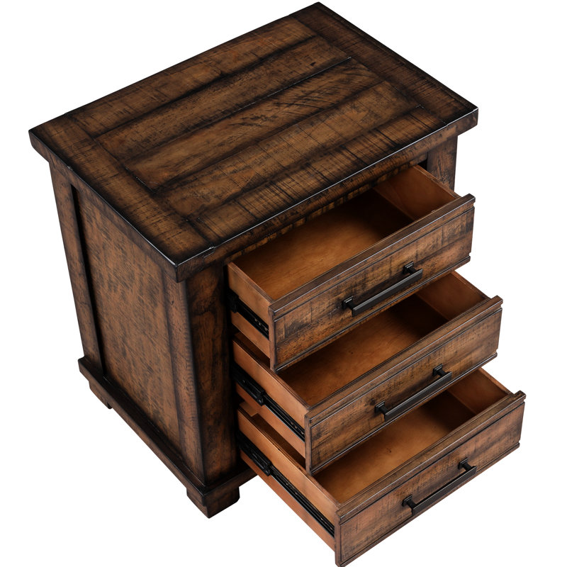 Table de chevet rustique en bois de pin récupéré avec poignées en zinc de style rétro à trois tiroirs et finition à base d'huile