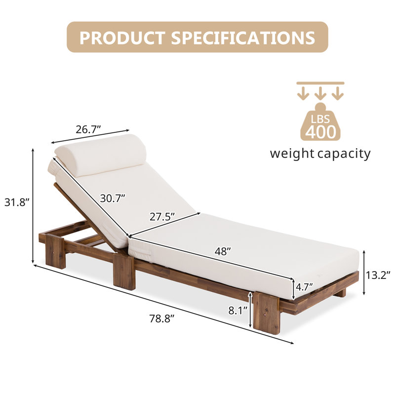 79'' Outdoor Acacia Wood Reclining Chaise Lounge with Integrated Side Table and Headrest, Beige