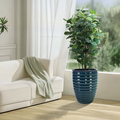 Pot à fleurs en céramique vert foncé fait à la main de 17 pouces de diamètre avec ondulations horizontales pour monstera et figuier, utilisation intérieure et extérieure