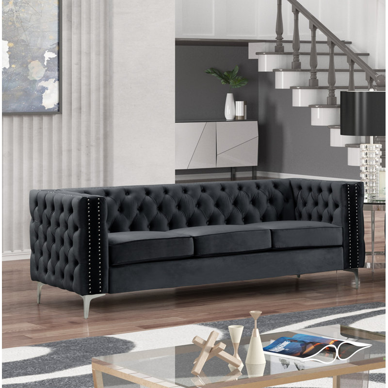 Pulaja 85'' Velvet Square Arm Sofa, Black