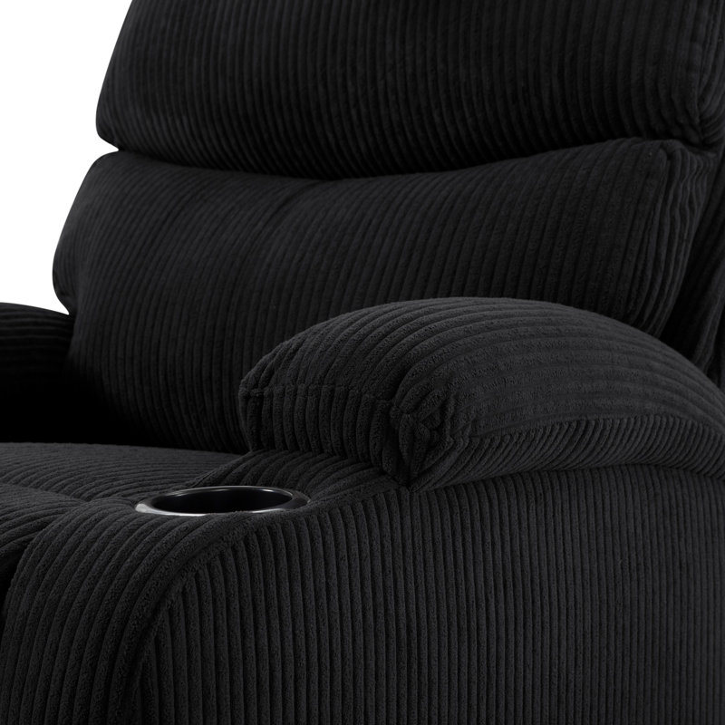 Lanmei Black Corduroy Manual Recliner Chair - Solid Wood Frame With Phone Holder & Cup Holders, Ergonomic Backrest For Living Room Bedroom Office