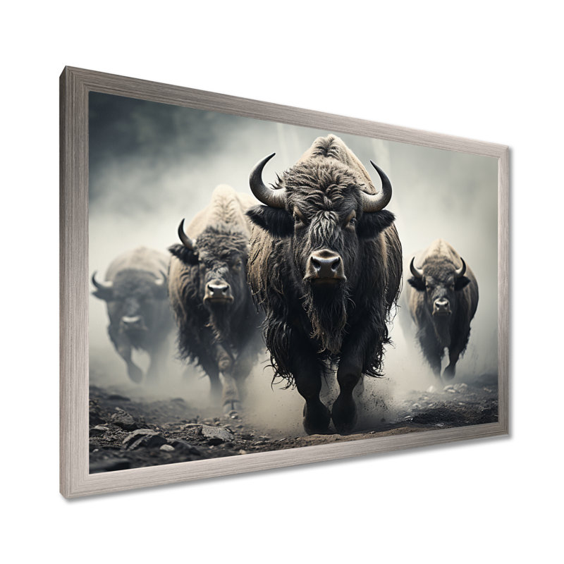 «Gray Buffalo Gentle Guardians I», art mural Buffalo, Cadre simple argenté, H 16 po x l 32 po x P 1 po