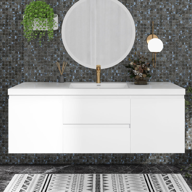 Ensemble de meuble-lavabo mural en panneau de fibres à densité moyenne de 60 pouces avec lavabo intégré en résine