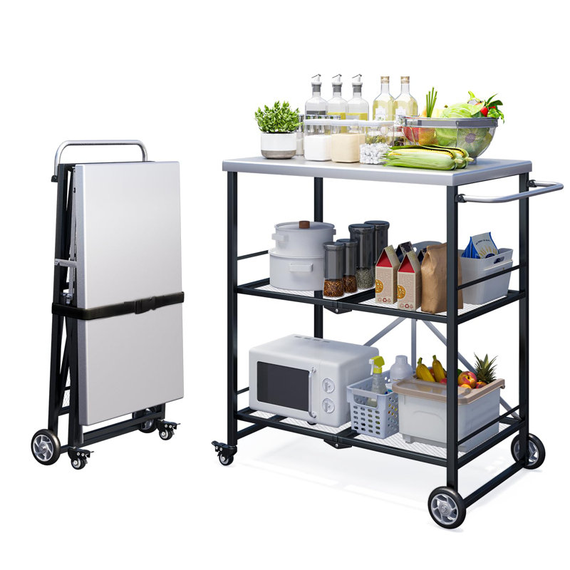 Outdoor Grill Cart Table, Stainless Steel Pizza Oven Stand Trolley Table With Wheels, Black