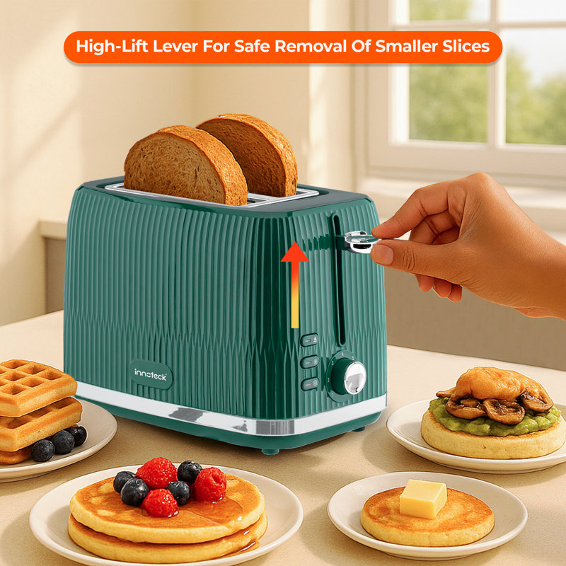 2 Slice Toaster in Glossy Ridged Textured Body and Stainless Steel Mechanism, Green
