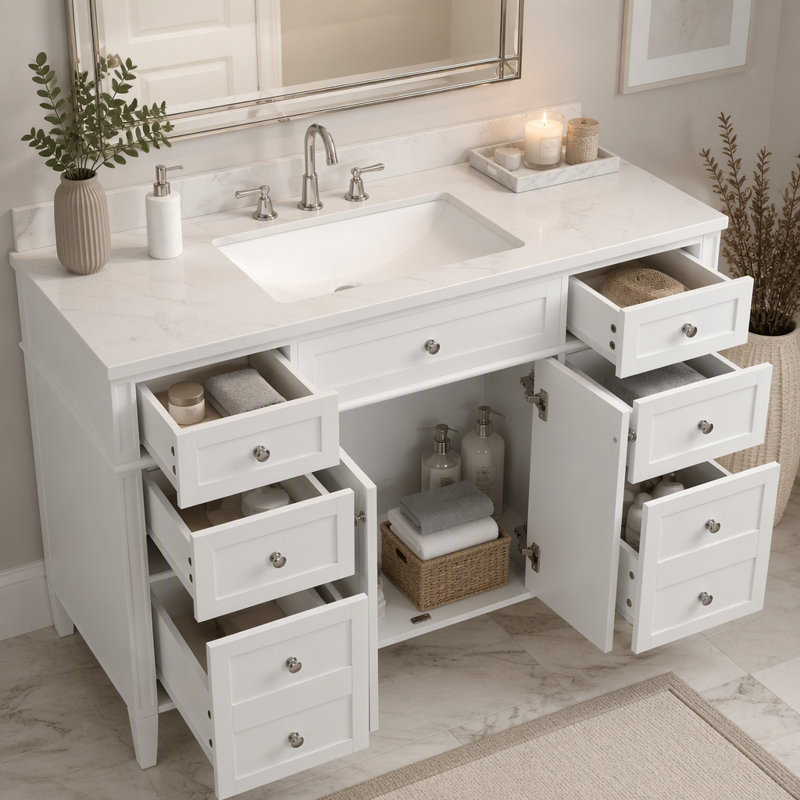 Ensemble de meuble-lavabo autoportant en MDF avec 6 tiroirs et 2 portes, ensemble de meuble-lavabo blanc avec cuve en composite, charnières à fermeture en douceur et poignées en métal argenté 48 po
