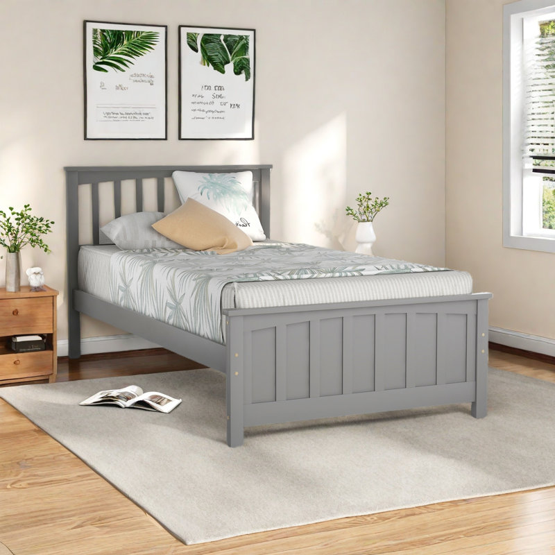 Chares Wood Platform Bed With Headboard, Twin, Gray
