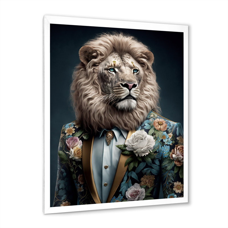 Glamour mode lion avec costume de fleurs - animaux lion, art mural salon, H 32 po x l 24 po x P 1 po, Cadre simple blanc