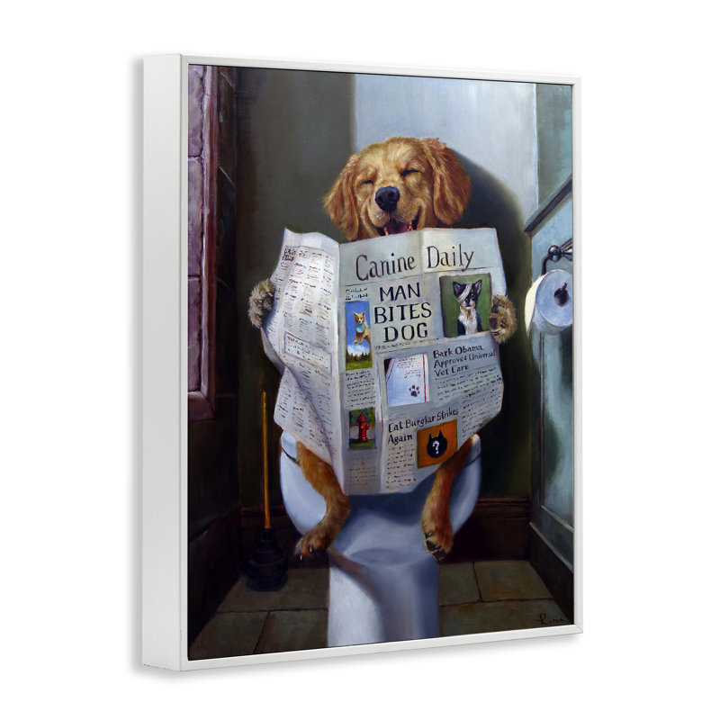 Drôle de chien lisant le journal sur la toilette, art giclée sur toile blanche par Lucia Heffernan, H 20 po x l 16 po