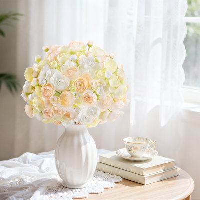 Cream & Blush Artificial Ranunculus Bouquet 60pcs, Faux Flowers For Nordic Living Room Decor