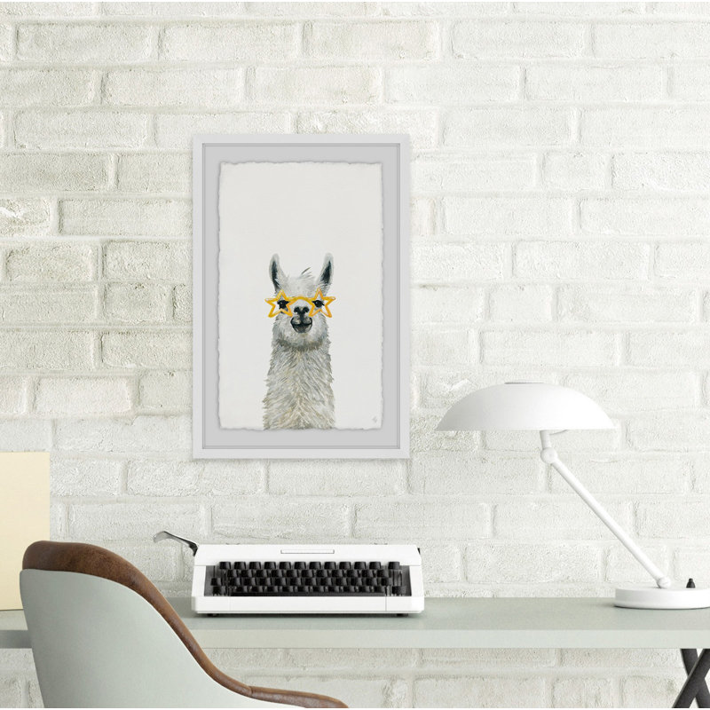 Yellow Star Llama - Painting, 30cm H x 20cm W, White Framed