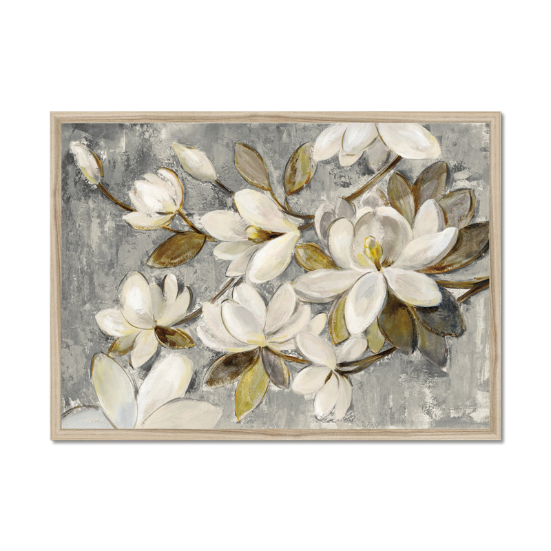 Magnolia Simplicity Neutral Grey by Silvia Vassileva - Painting, 55cm H x 80cm W, Natural Wood Framed Paper Print