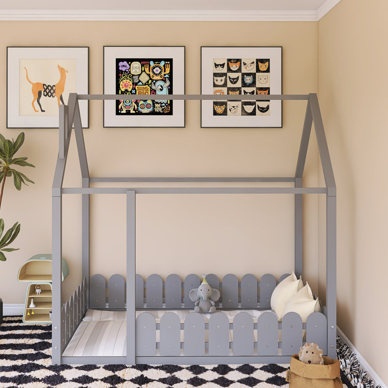 Wood Bed House Bed Frame With Fence, Gray , Full