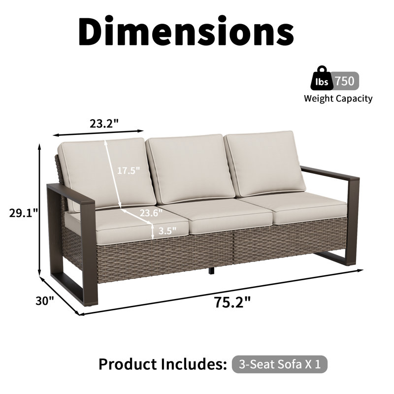 Creal 75.2 " W Wicker Patio Sofa with Cushions, Beige