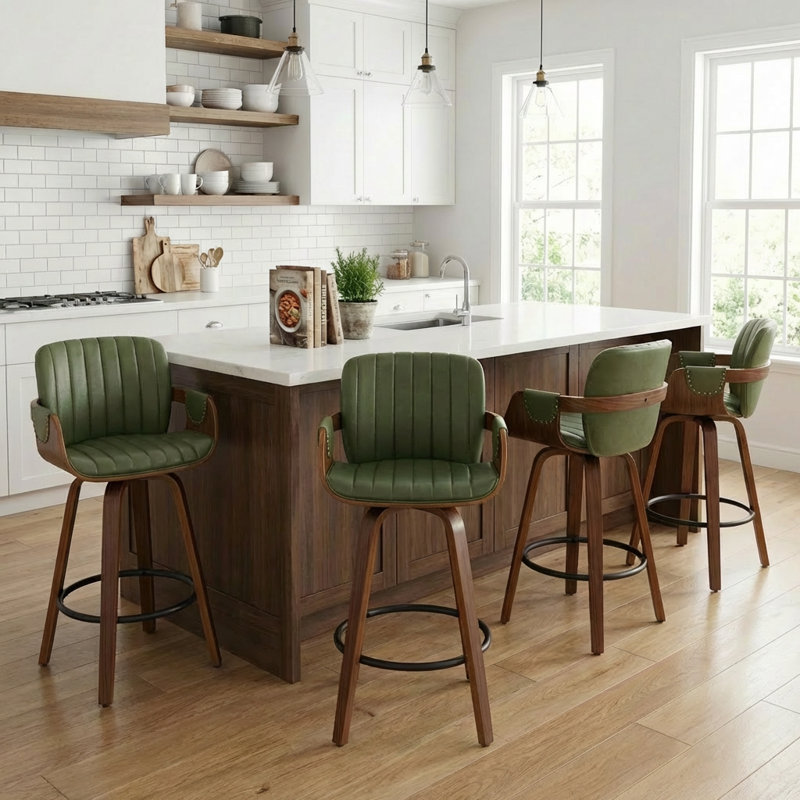 Youngstown Upholstered Swivel Counter Stool With Wood Frame, Green