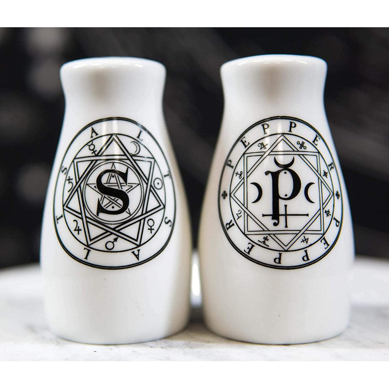 Anisur Wicca Magic Sacred Geometry Interwoven Pentacle Crescent Moons Ceramic Salt and Pepper Shaker Set