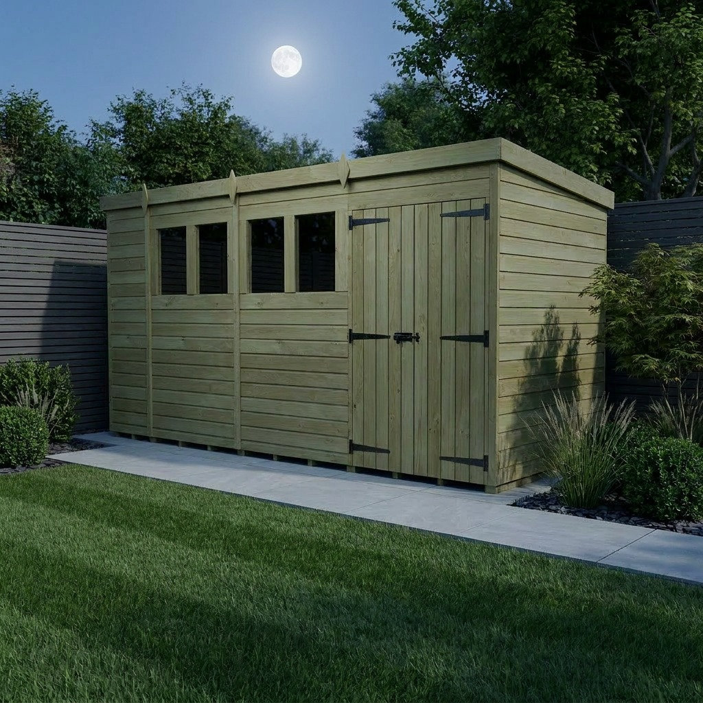 Total Sheds 14ft x 4ft Pent Garden Shed - Double Door - With Windows - Pressure Treated Timber - UK Manufactured