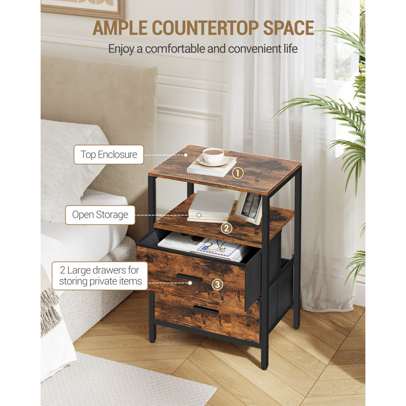 Bedside Table, Side End Table with 2 Fabric Storage Drawers, Bedside Cabinet with Open Storage Shelf, Nightstand for Bedroom, Livingroom, Office 