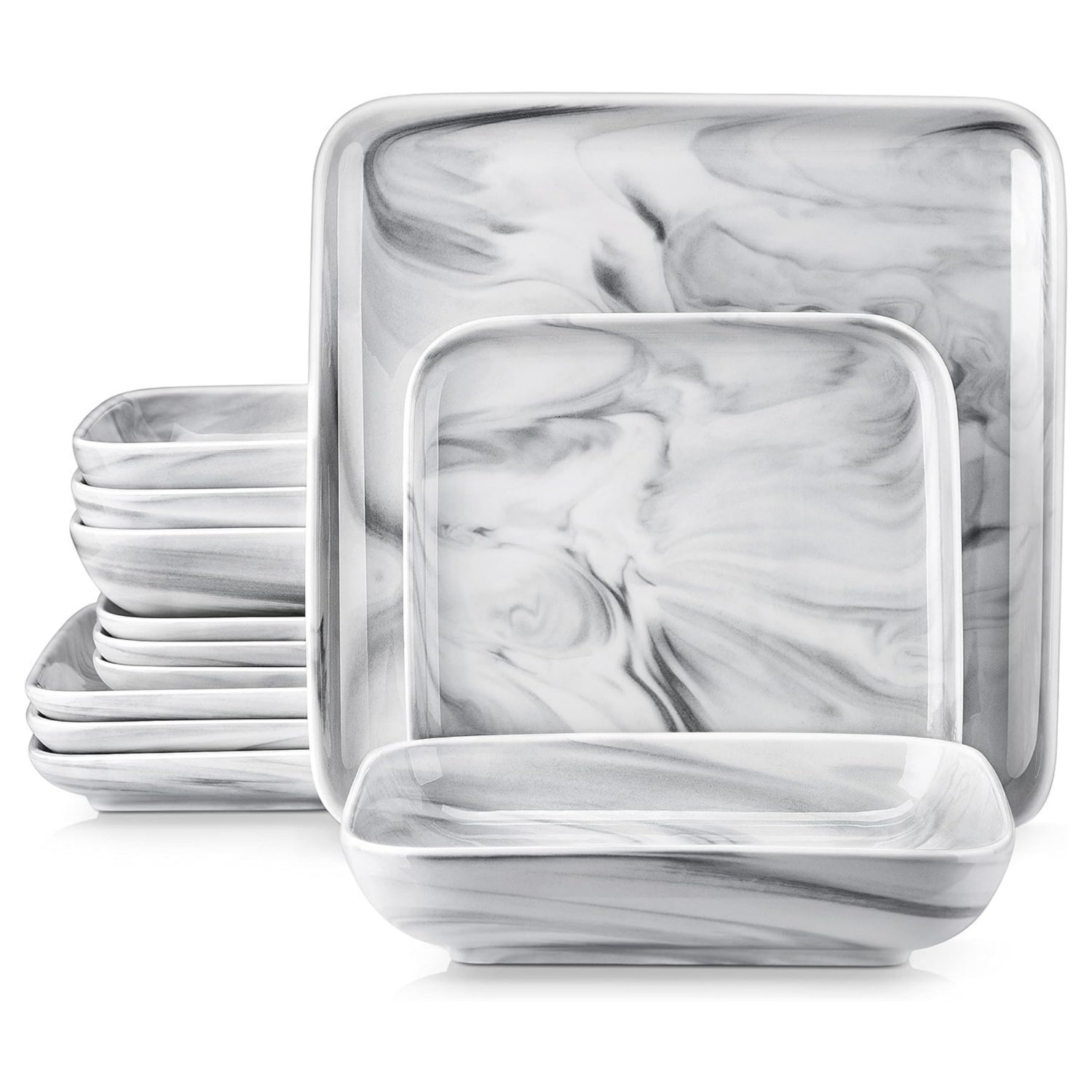 MALACASA Square Plate Set, 12-Piece Marble Plates and Bowls Sets for 6,  Porcelain Dish Set with Dinner Plates and Pasta Bowls, Modern Dinnerware  Sets