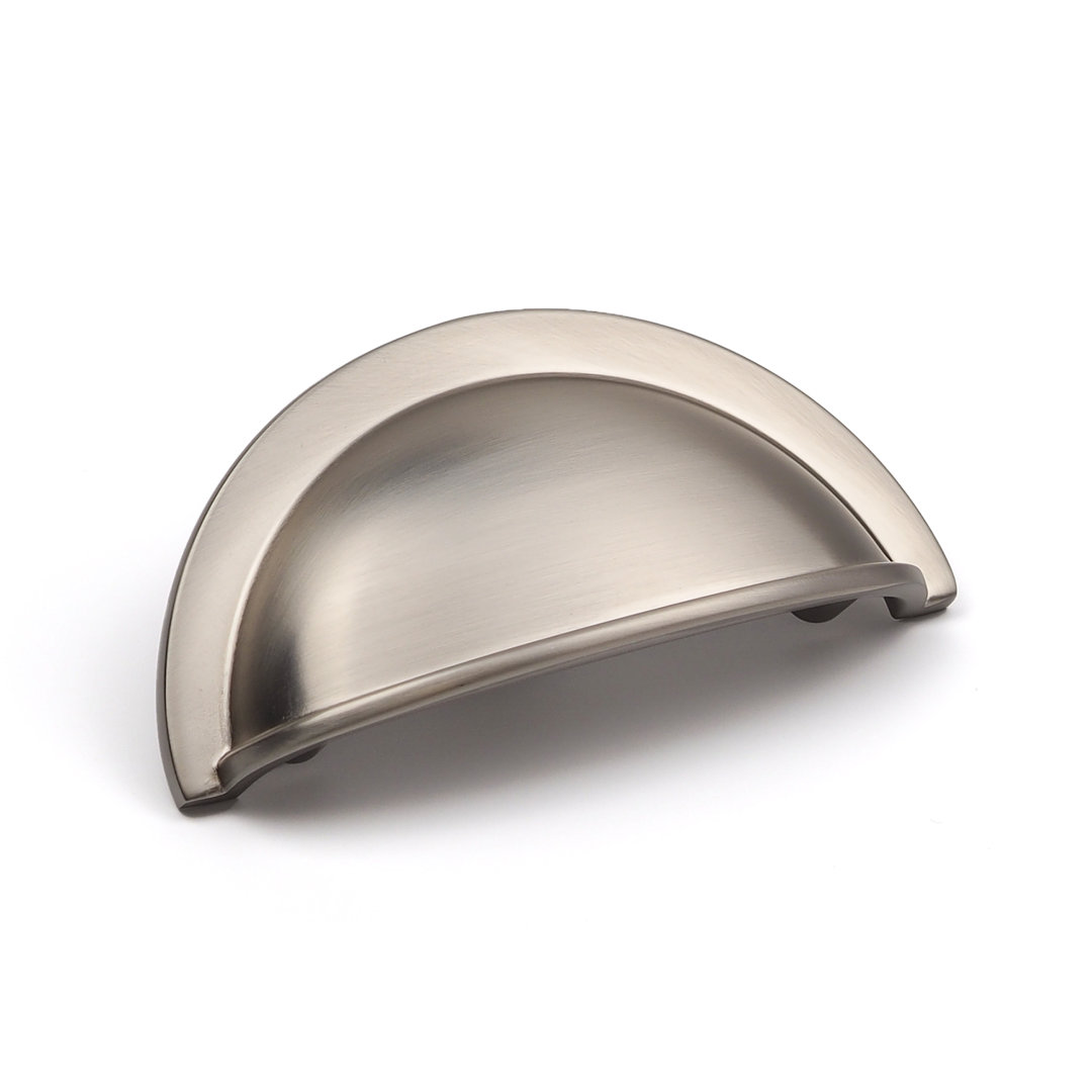 Brushed Nickel Cup Handle & Coordinating Round Knobs