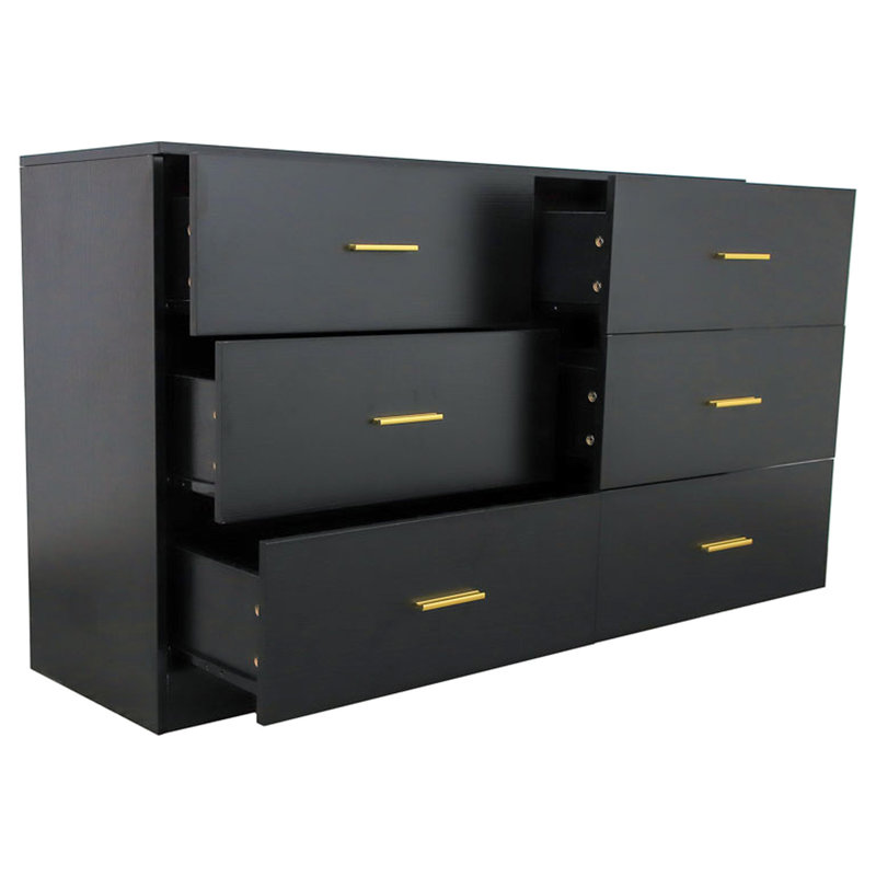 Commode de chambre moderne noire avec 6 tiroirs. Vaste espace de rangement. Construire. Finition brillante. L 15,43 po x H 29,96 po x P 48,59 po. Coffre simple 6 pièces. Rangement disponible. &. Extérieur. 15,43 po