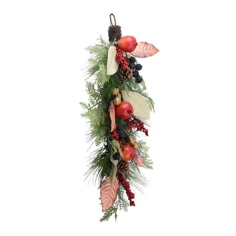 30" Burlap & Berry Pine Cone Autumn Teardrop Swag - Unlit