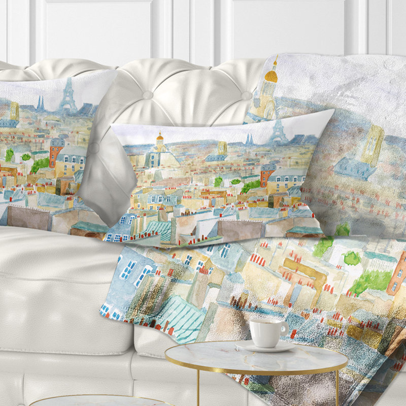 Coussin Aquarelle Cityscape City of Paris, 12 po x 20 po, Rectangulaire