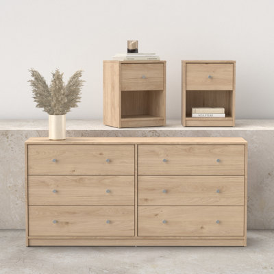 Ensemble de chambre à coucher 3 pièces - commode double 6 tiroirs et ensemble de table de chevet 2 pièces, Jackson Hickory