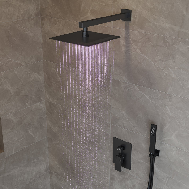  Pressure Balanced Shower Faucet System , 10" LED Rainfall Shower Head with Handheld Spray, Matte Black
