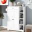 Étagère à chaussures moderne et blanche avec 2 portes à volets - Armoire autoportante avec tablettes de rangement réglables et tiroir pour la gestion étroite du vestibule