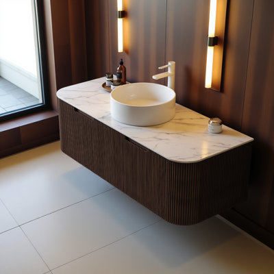 48" Bathroom Vanity With Sink, Wall-mounted Floating Curved Edges Striped Bathroom Storage Cabinet With 2 Drawers, White Round Ceramic Basin, No Faucet, Pre-assembled, Dark Walnut Woodgrain Colour