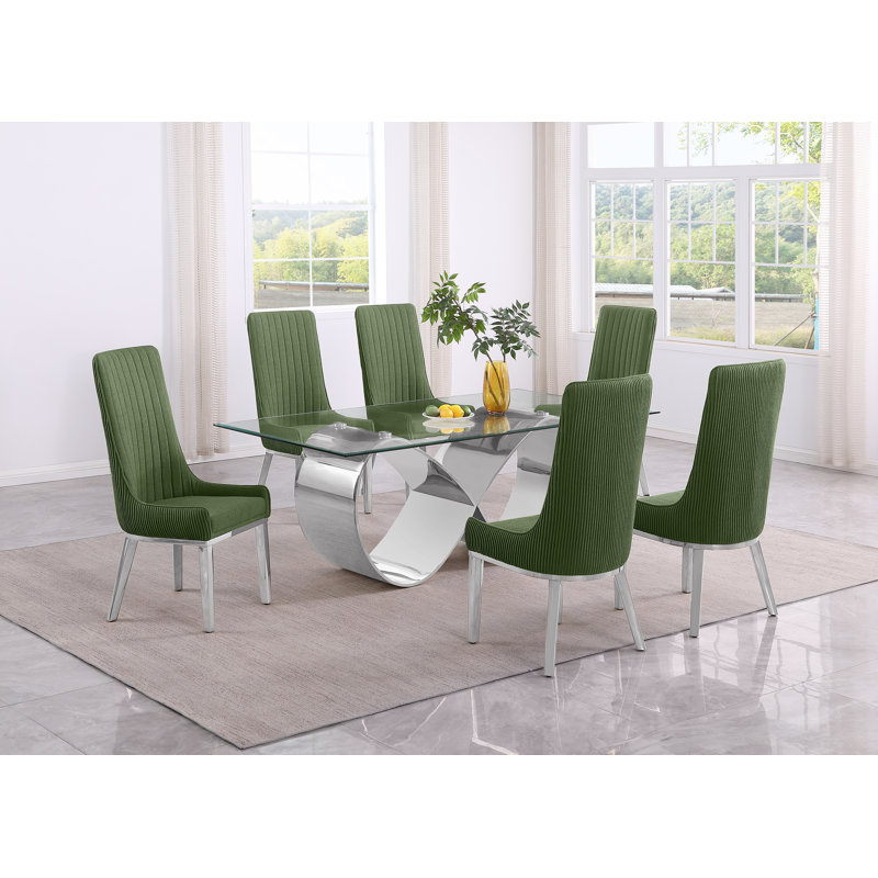 Ensemble de salle à manger en verre trempé avec chaises à dossier plissé, Vert, Argent argent