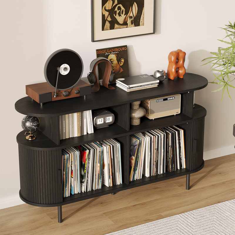 Mid-Century Turntable Stand With Sliding Doors - Large Vinyl Record Storage Cabinet For Living Room & Bedroom, Black