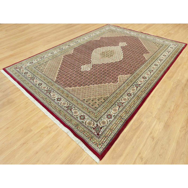 10'x14'3" Crabby Apple Red Shiny Wool Tabriz with Hand Knotted All Over Mahi Design Rug