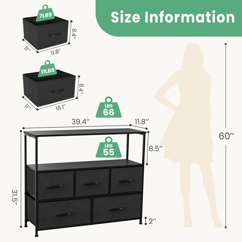 5 - Drawer Dresser With Tv Stand, Black