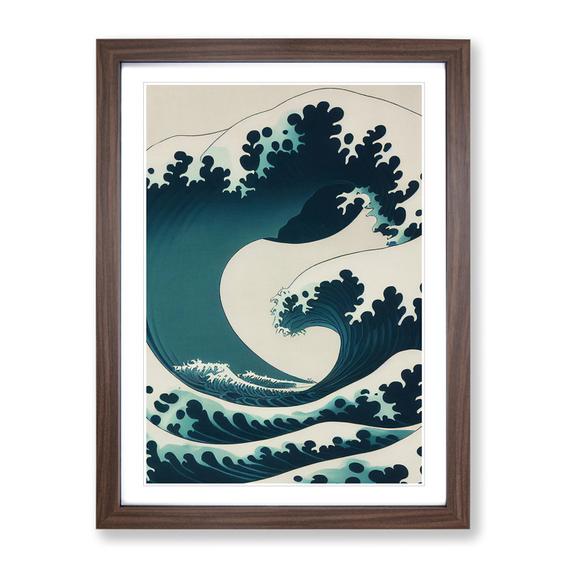 Traditional Japanese Wave No.3 - Wall Art, 66cm H x 48cm W, Walnut Framed, White
