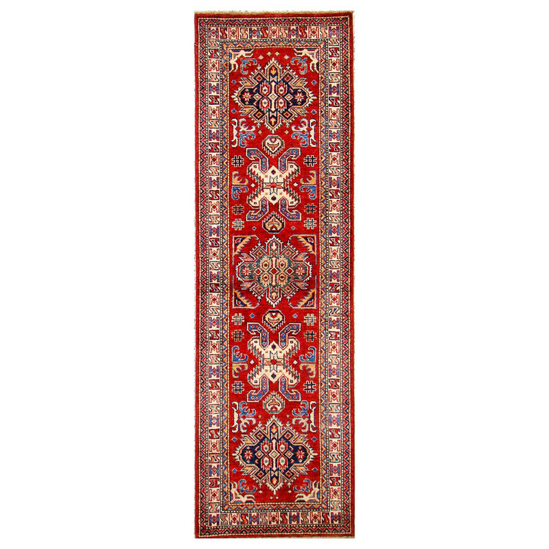 Tapis de couloir unique en laine noué à la main de 2 pi 6 po x 7 pi 8 po ivoire / rouge / bleu
