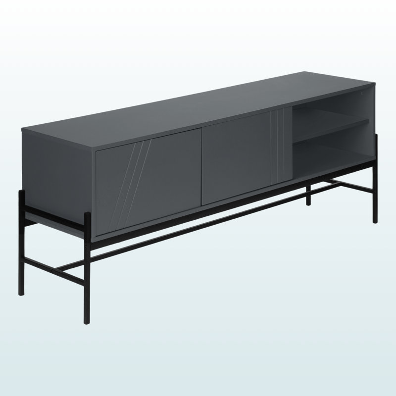 Meuble télé Tybalt 60 po avec stratifié gris et métal noir, l 57,3 po x P 15,3 po x H 23,59 po