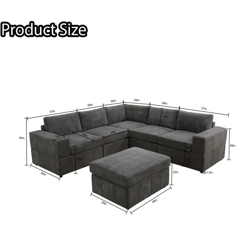 Kerby Microfiber 6-Piece L Shape Corner Sectional With Ottoman, 36" H x 101" W x 36" D