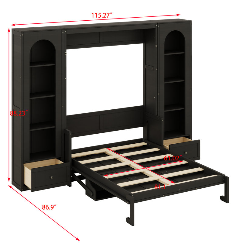 Lit plateforme moderne avec tablette, armoires latérales, tiroirs de rangement et DEL Modern, Noir