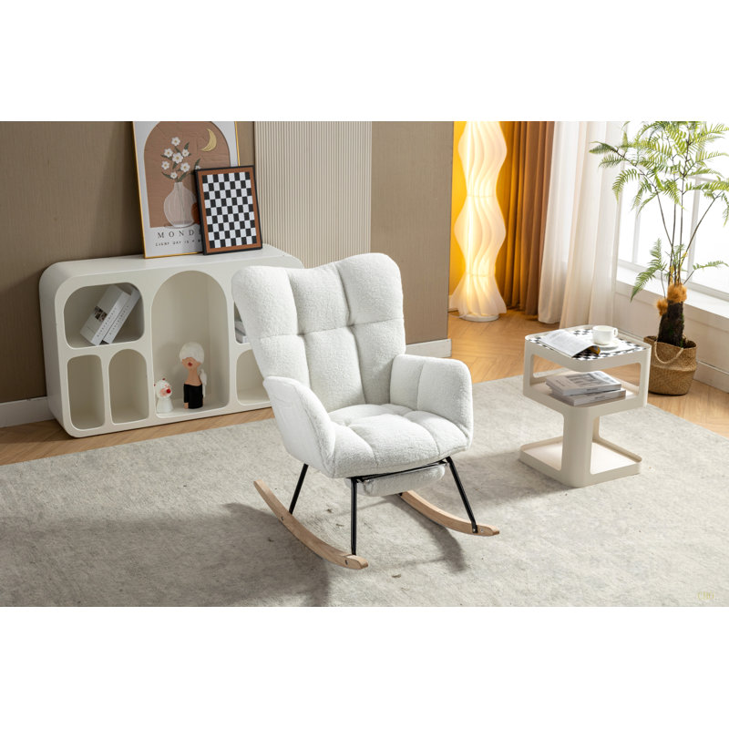 Chaise berçante en tissu avec repose-pieds Teddy, Ivoire ivoire