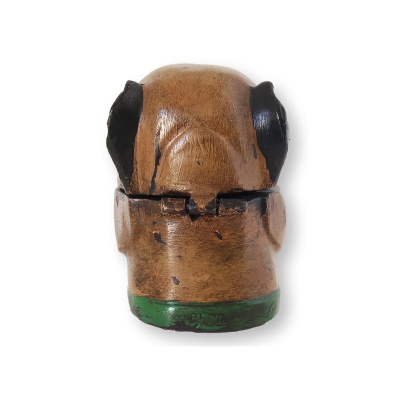 Antique Cold Painted Metal Pug Inkwell, Glass Eyes