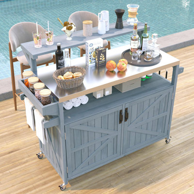 Îlot de cuisine extérieur de 53,3 po avec tablette surélevée, armoire de rangement en bois massif avec plateau en acier inoxydable, chariot de barbecue extérieur avec support de rangement interne, tablette réglable, support à épices