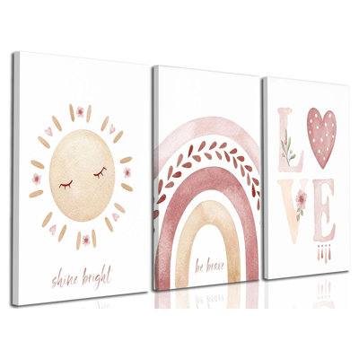 3 Pcs Nursery Canvas Wall Art Pink Sun Rainbow Hearts Posters Prints Boho Kids Room Pictures Wall Decor For Toddlers Children Baby Girl Bedroom Home Decoration