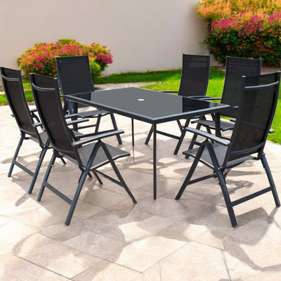 SORRENTO 6 Seater Black Rectangular Recliner Set with Textylene Multi Position Chairs