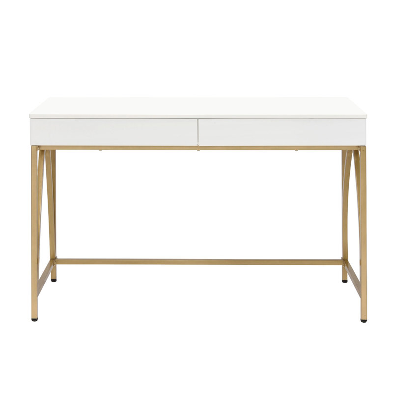 Bureau de meuble-lavabo 2 tiroirs Manpre, blanc brillant et finition dorée