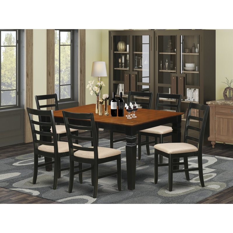 7 Piece Dining Set Consist of a Rectangle Dining Room Table with Butterfly Leaf and 6 Linen Fabric Chairs, Black & Cherry