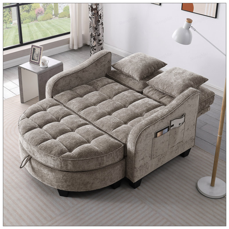 Canapé à deux places avec accoudoirs et dossier irréguliers, rangement pour repose-pieds et coussins décoratifs pour le salon et la chambre à coucher