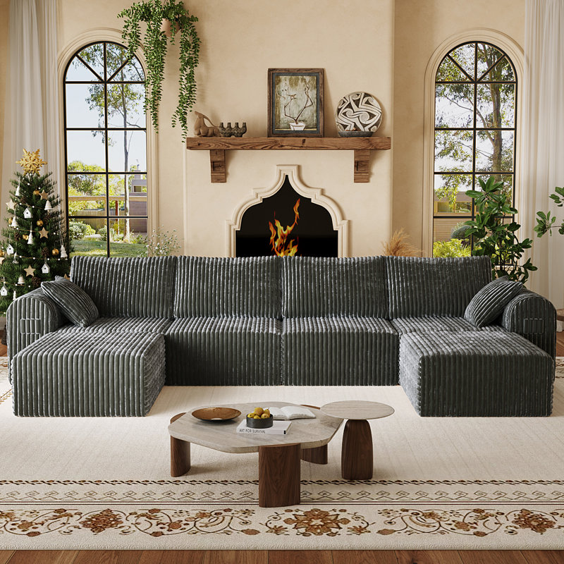 6 - Piece 135.03" W U Shape Sectional Sofa, Cloud Modular Sectional Sofa, Deep Seat Corduroy Boneless With Ottomans, No Need Assembly